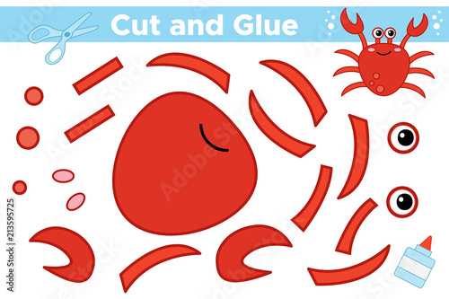 Educational paper game for preschool kids. Cut and glue cartoon red crab. Activity worksheet. Vector illustration.