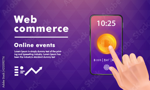 Crypto online commerce. Mining bitcoin technology on autonomic computing program and trade platform. Trendy design in awesome really style.