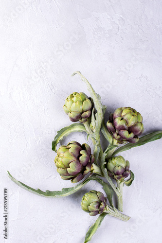Fresh  raw artichokes on grey background. Ripe organic artichoke flower with copy space