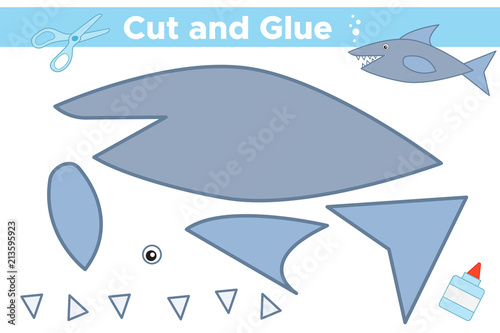Educational paper game for children. Cut and glue cartoon shark. Activity worksheet. Vector illustration