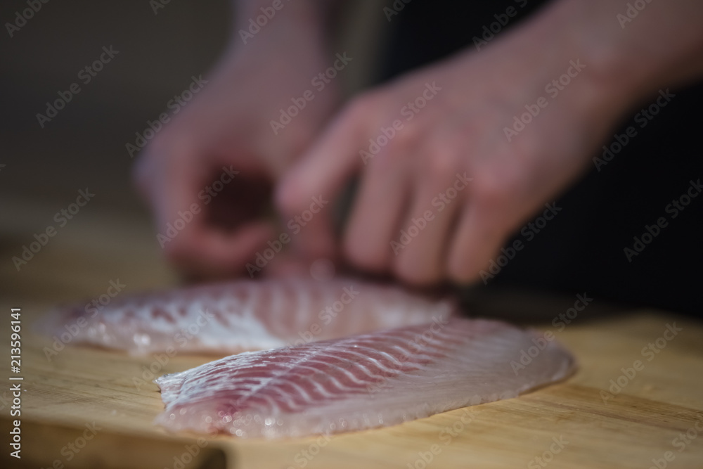 Handwork Slicing Fresh sea food, making sashimi