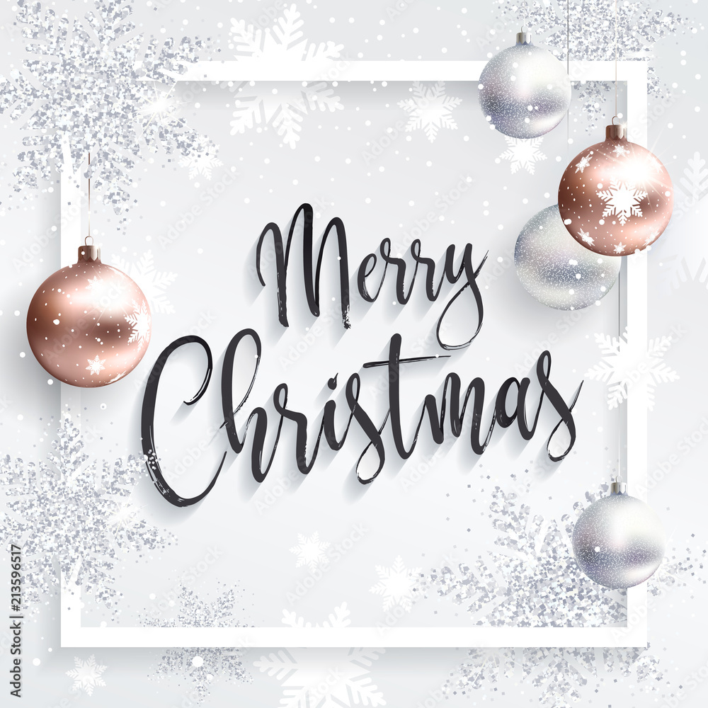 FALSO sociedad Shinkan Merry Christmas Square card with silver sequins and Rose gold xmas balls.  Xmas calligraphic inscription. White clean background. vector de Stock |  Adobe Stock