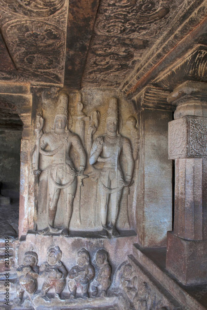 Carved Shiva figures in mantapa, Ravanaphadi rock-cut temple, Aihole, Bagalkot, Karnataka. Shiva linga in the sanctum is also seen.