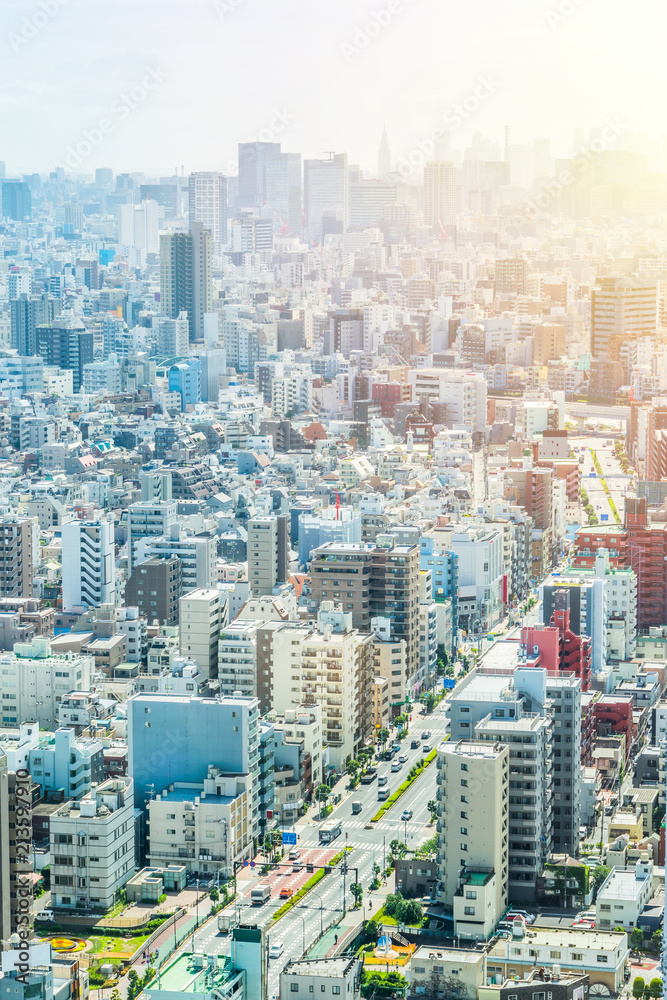 Fototapeta premium Asia Business concept for real estate and corporate construction - panoramic modern city urban skyline bird eye aerial view under sun & blue sky in Tokyo, Japan