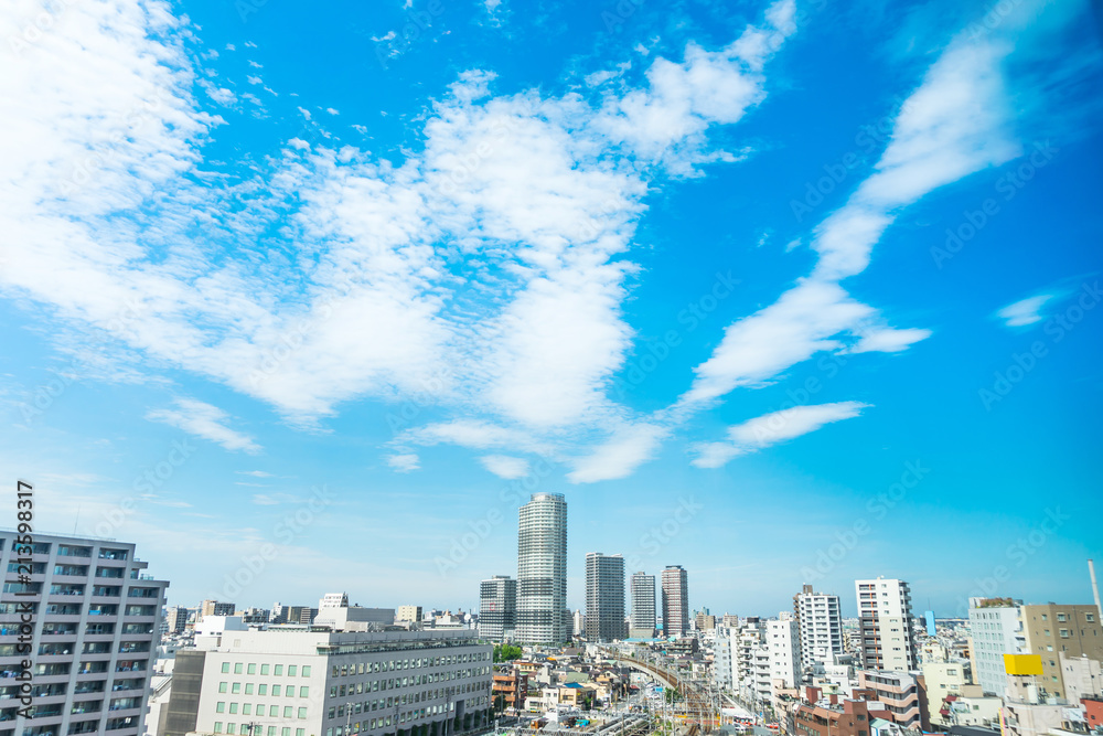 Fototapeta premium Asia Business concept for real estate and corporate construction - panoramic modern city urban skyline bird eye aerial view under sun & blue sky in Tokyo, Japan