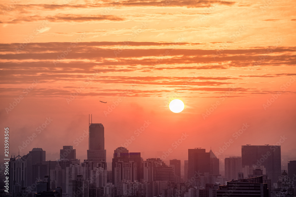 skyline of Shanghai at sunset