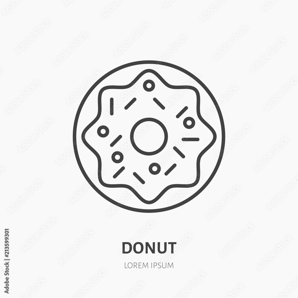 Fototapeta premium Donut flat logo, line icon. Sweet food vector illustration. Sign for bakery, pastry shop.