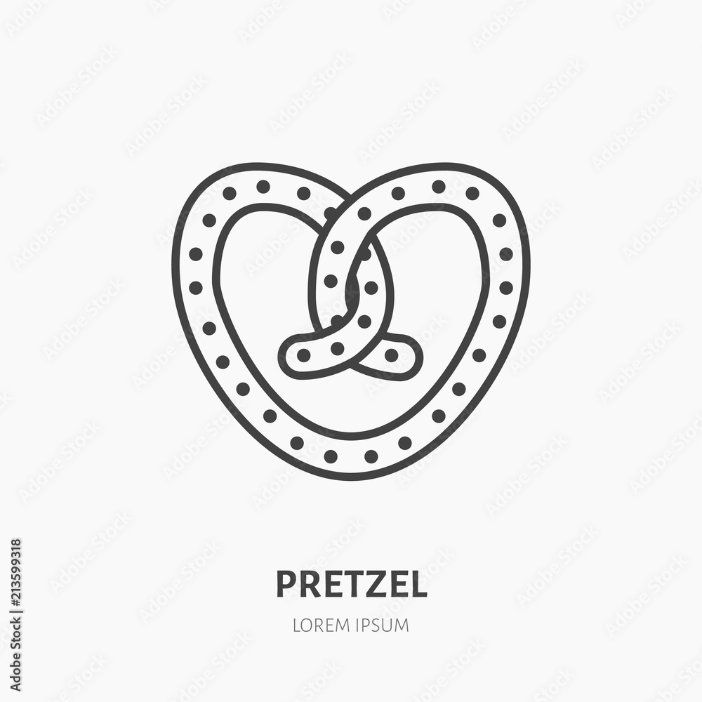 Pretzel flat logo, line icon. Sweet food vector illustration. Sign for bakery, pastry shop, beer snack. Pretzel flat logo, line icon. Sweet food vector illustration. Sign for bakery, pastry shop, beer snack.