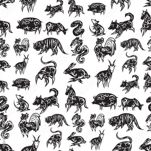 Chinese zodiac eastern calendar traditional china new year oriental animal seamless pattern background vector illustrations.
