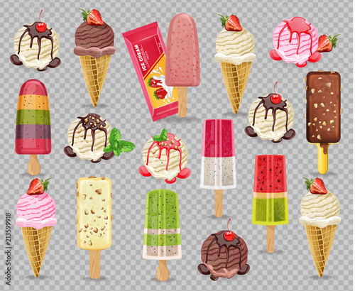 Ice cream set collection Vector realistic. Fruits, vanilla and chocolate flavors. Detailed 3d illustrations