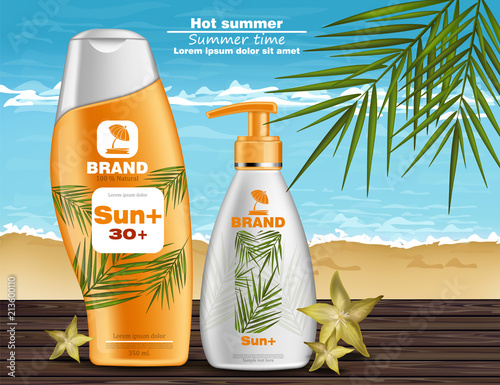 Sun screen and lotion UV protection Vector Realistic. Product packaging mock up set collection. Beach background. 3d illustrations