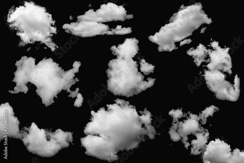 Collection of clouds white on isolated elements black background.