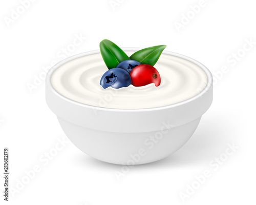 Ceramic bowl of white yogurt with berries isolated on white background