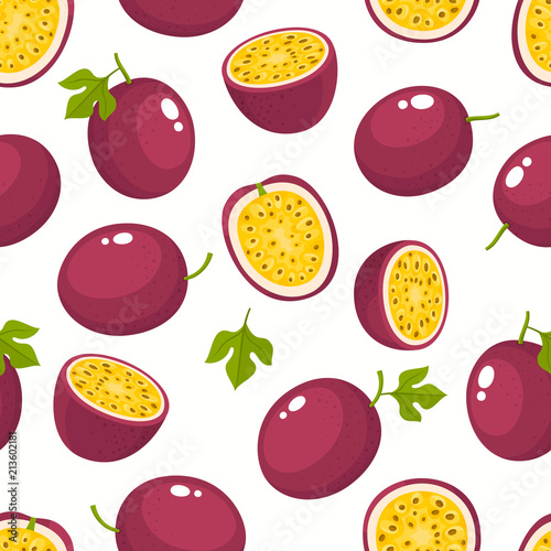 Vector pattern with cartoon passion fruits isolated on white.