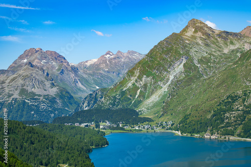 View of the Maloja pass in valley Engadine Switzerland. Beginning of the Inn River