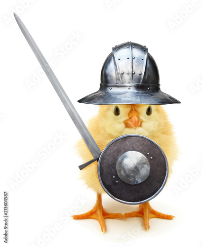 Tablou pe pânză Crazy yellow chick medieval knight with helmet shield and sword funny baby anima