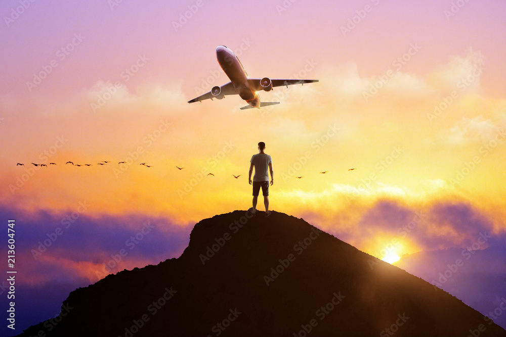 travel success concept with man and airplane