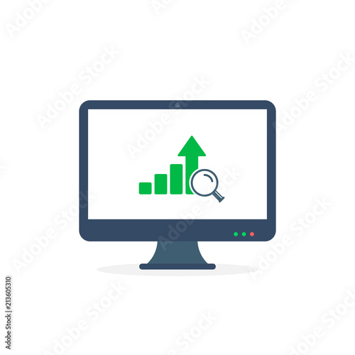 Growth Graph with Magnifying glass on PC monitor icon. Vector business success illustration concept