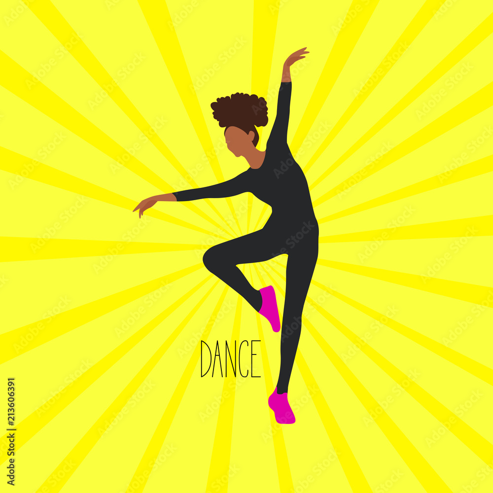Silhouette of a dancing girl on bright yellow background. Vector illustration with dancer woman and text - dance. Design concept can be used for promotion flyer, poster, banner, wallpaper, cover