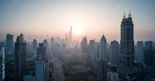 Fototapeta Naklejka Na Ścianę i Meble -  aerial view of shanghai city in foggy dawn