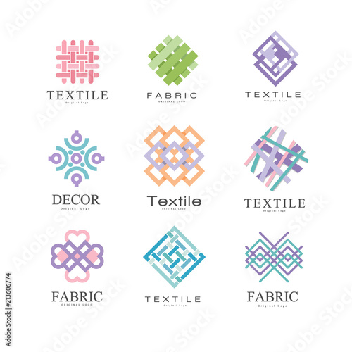 Flat vector set of original logos for fabric or textile shop. Colorful geometric emblems. Elements for business card, advertising poster or banner