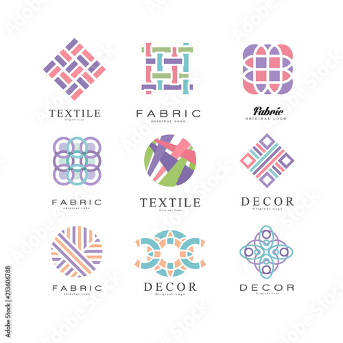 Flat vector set of abstract logos for fabric, textile and decor store. Original emblems of different shapes with place for text