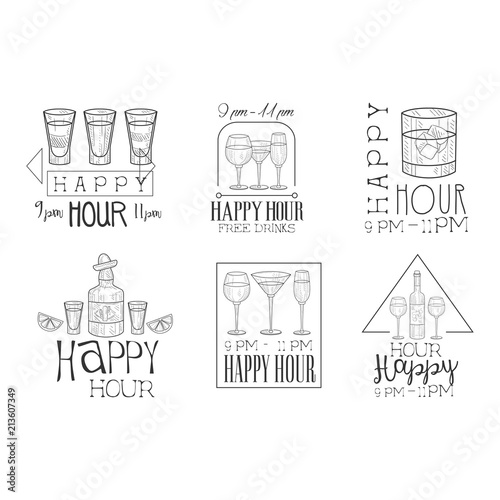 Vectoe set of monochrome emblems for cocktail bar or restaurant. Hand drawn logos with glasses and bottles. Free drinks  happy hour