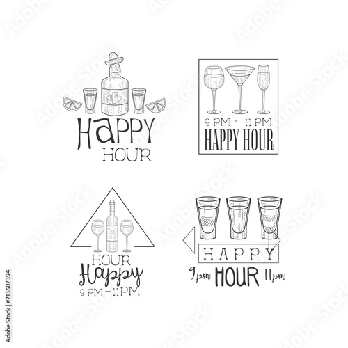 Vector set of sketch style signs for cocktail bar or restaurant. Monochrome emblems with alcoholic beverages in glasses and bottles