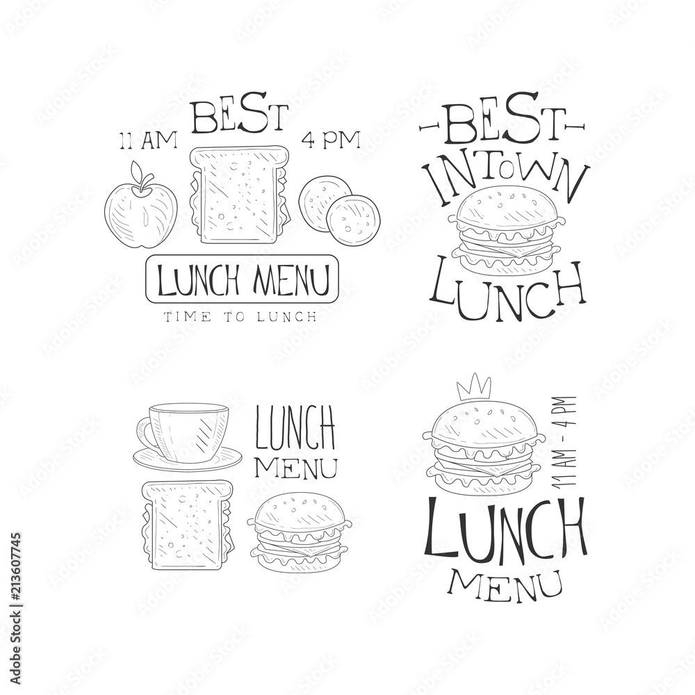 Hand drawn vector logos for menu of cafe or restaurant. Lunch time, best in town. Monochrome emblems with tasty burgers ans sandwiches