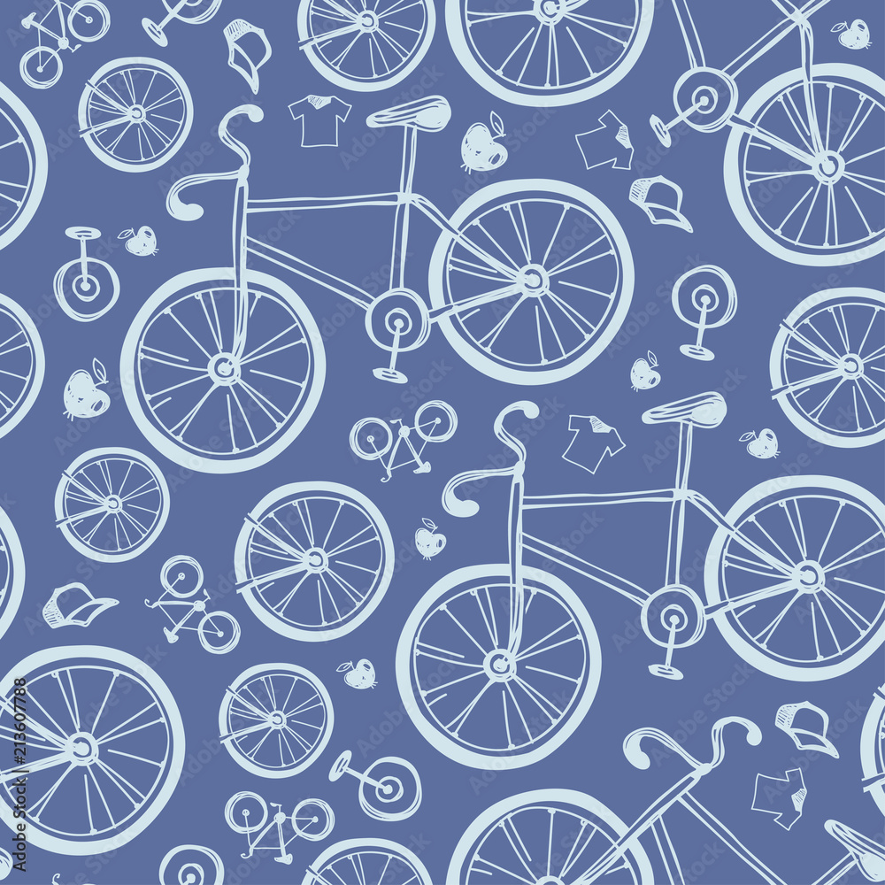 Seamless blue bicycles pattern.