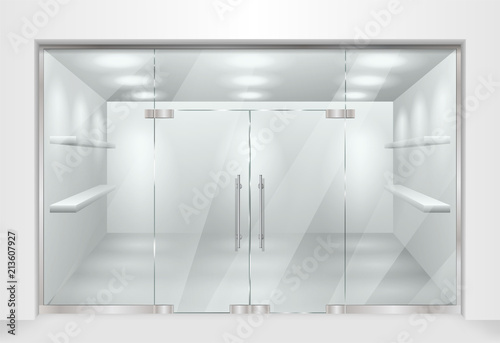 Template for advertising 3d store front facade. Exterior horizontal empty shop with Shelves. Blank mockup of stylish glass street shop. Vector illustration