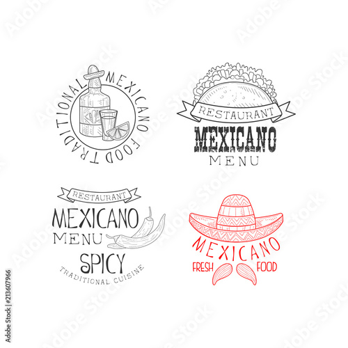 Vector set of 4 Mexican restaurant Logos. Hand drawn emblems with tequila bottle, tacos, chili peppers and sombrero hat with mustache