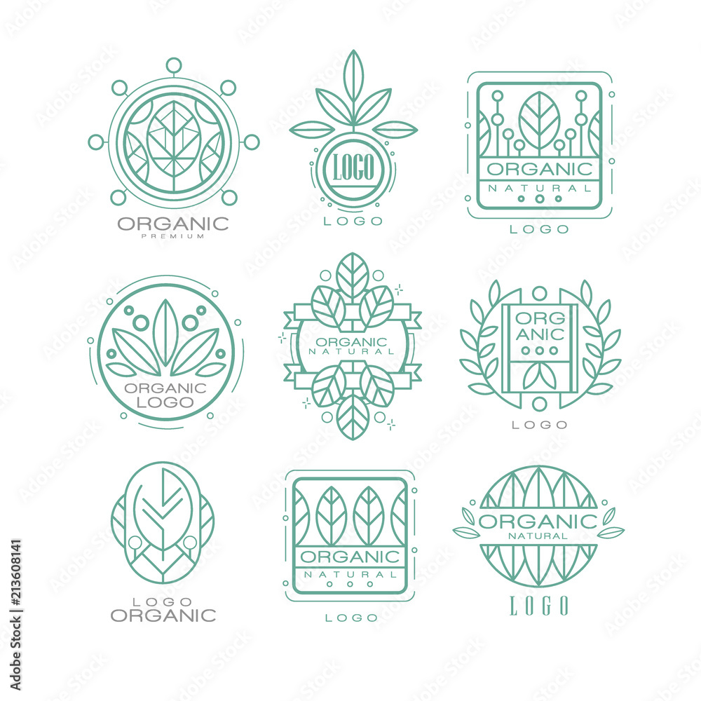 Vector set of original organic logos. Linear emblems with abstract leaves for natural cosmetics, eco food products or wellness center Vector set of original organic logos. Linear emblems with abstract leaves for natural cosmetics, eco food products or wellness center