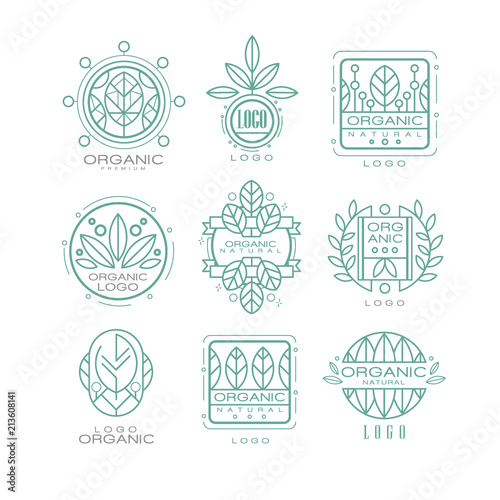 Vector set of original organic logos. Linear emblems with abstract leaves for natural cosmetics, eco food products or wellness center