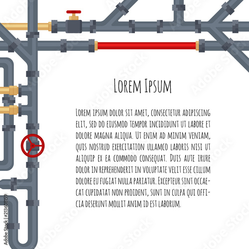 Background with tubes and pipelines on white and place for your text. Flat elements of water tubing. Plumbing fo gas, oil industry. Vector illustration in flat style