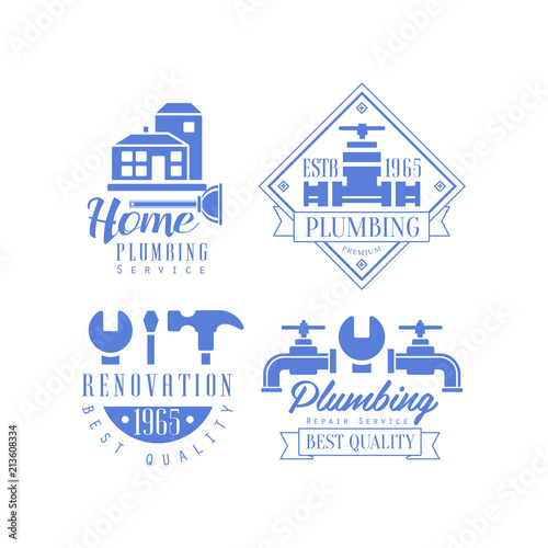 Vector set of blue original logos for plumbing and home repairing services. Emblems with buildings, working tools and water taps