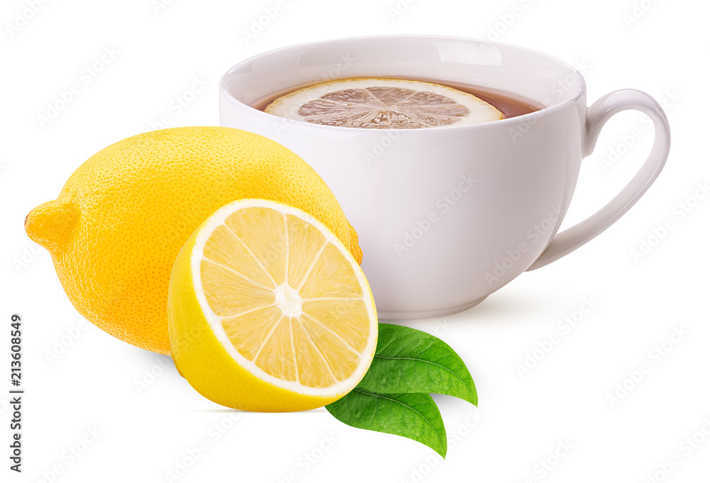 Hot black tea with lemon one cut in half and slice with leaf Hot black tea with lemon one cut in half and slice with leaf