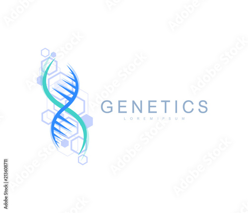 Science genetics logo, DNA helix. Genetic analysis, research biotech code DNA. Biotechnology genome chromosome. Vector illustration.