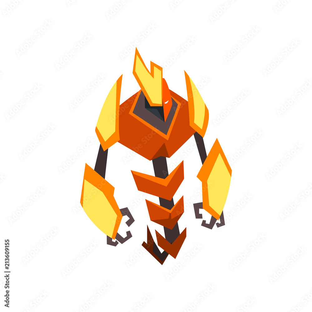 Cartoon bright-colored transformer. Strong orange and yellow metal robot. Flat vector design for print, mobile game or poster