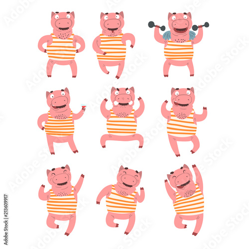 Flat vector set of pink humanized pig in different actions. Domestic animal with various emotions. Funny character in striped t-shirt