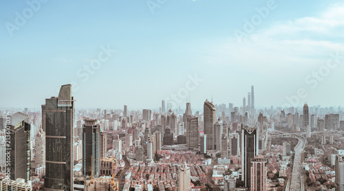 Aerial View of business area and cityscape in west Nanjing road, Jing`an district, Shanghai