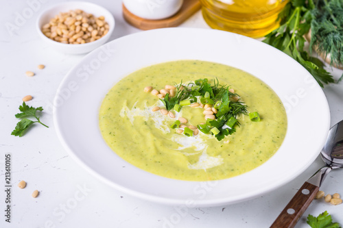 Zucchini Cream soup on white.