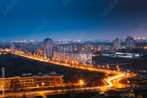 Minsk, Belarus. Top View Cityscape In Bright Blue Hour Evening © Grigory Bruev