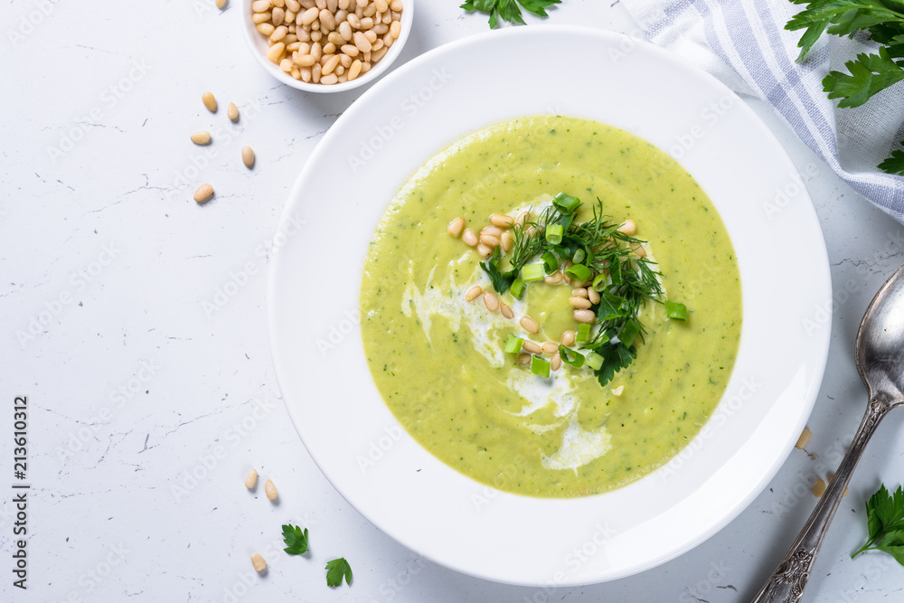 Zucchini Cream soup on white.