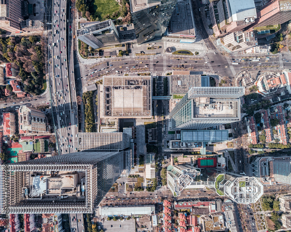 Aerial View of business area and cityscape in west Nanjing road, Jing`an district, Shanghai