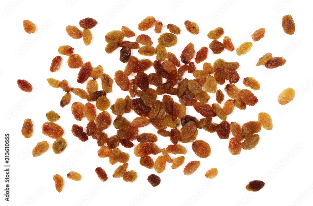 Obraz premium Raisins isolated on white background, top view