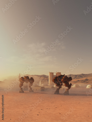 Fototapeta Naklejka Na Ścianę i Meble -  Giant Battle Robots Guarding a Martian Colony - science fiction illustration