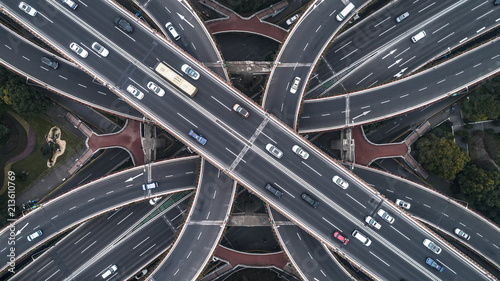Aerial view of highway and overpass in Shanghai city on a cloudy day