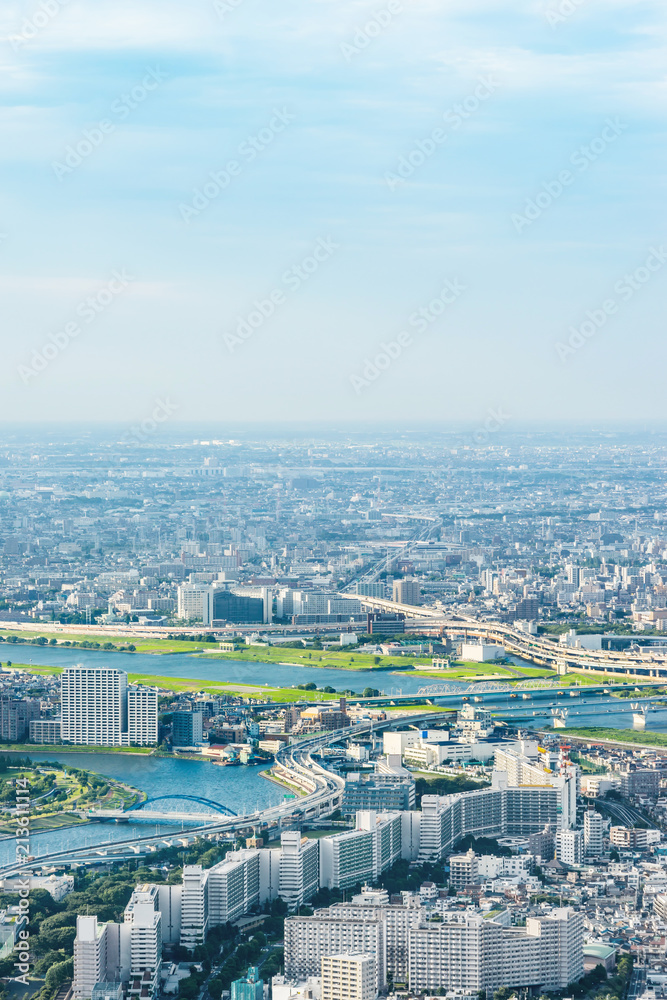 Asia Business concept for real estate and corporate construction - panoramic modern city urban skyline bird eye aerial view under sun & blue sky in Tokyo, Japan