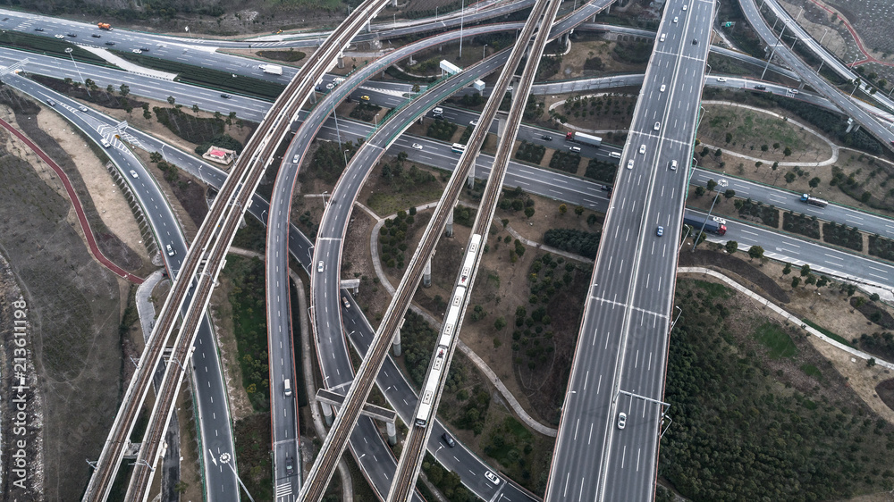 Aerial view of railway, highway and overpass on Luoshan road, Shanghai